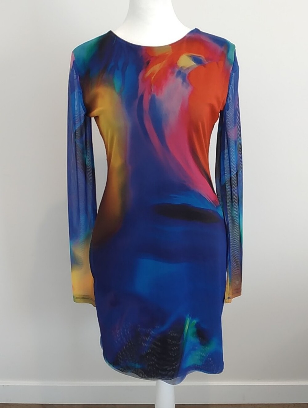 Zara Blue Multicolor Rainbow Long-Sleeve Abstract Print Dress Size M